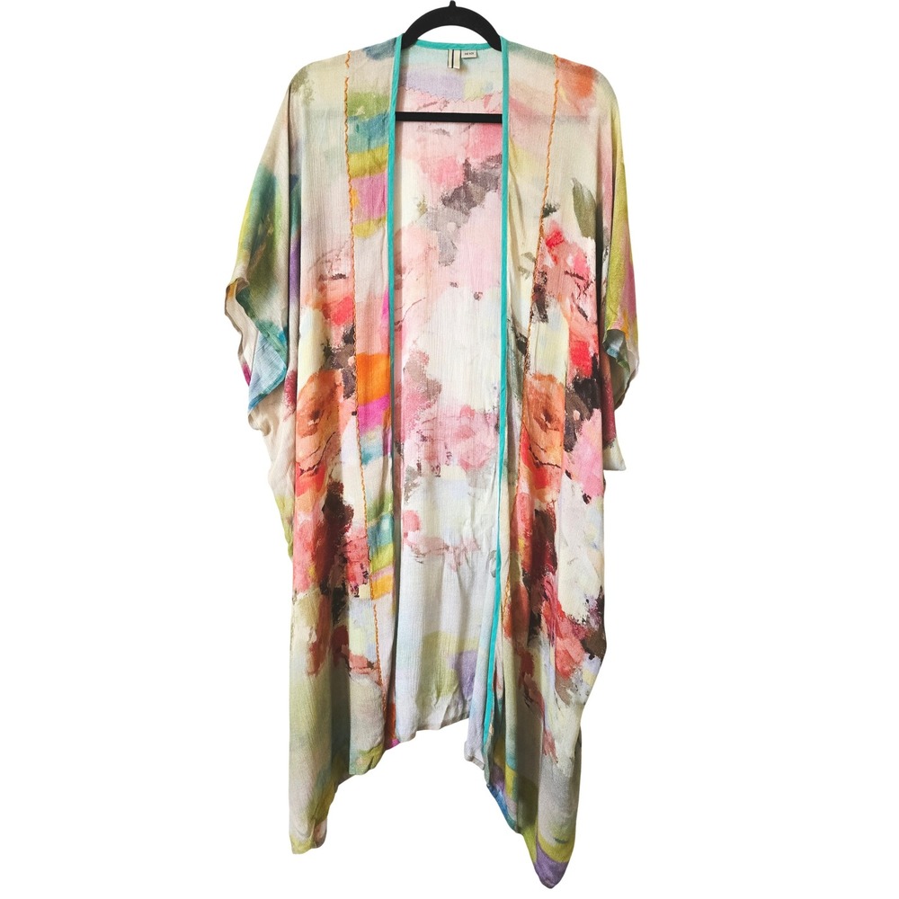 Blank London Women OS Kimono Wrap Watercolor Floral Beaded Trim